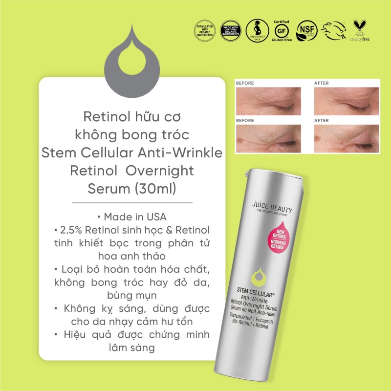 Huyết Thanh Retinol Hữu Cơ Không Bong Tróc Juice Beauty STEM CELLULAR Anti-Wrinkle Retinol Overnight Serum